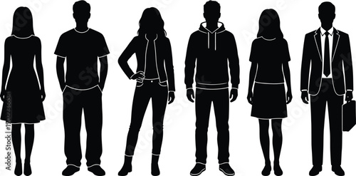 Black silhouettes of diverse men and women standing together, casual and business clothing styles, anonymous human figures set, modern people illustration for design and concept use