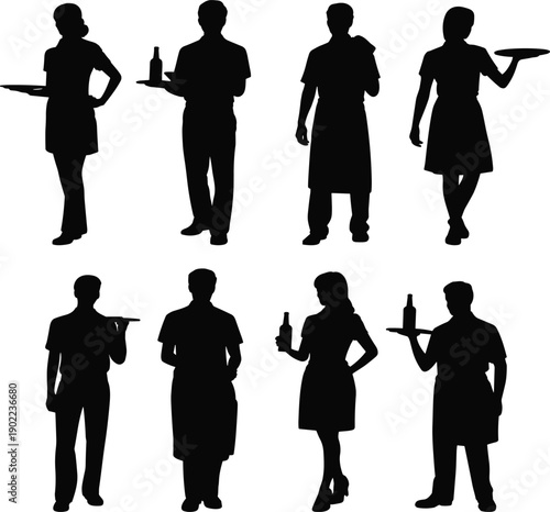 Silhouettes of eight waitstaff holding trays and bottles, arranged in rows, symbolizing hospitality, catering, restaurant service, teamwork, and event management in artistic design.
