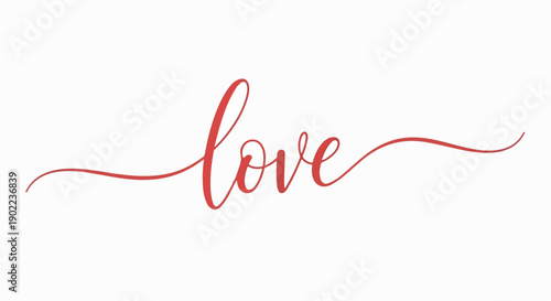 Red cursive word 'love' on a white background with a flowing script font and elegant lines.
