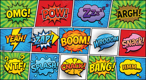 Colorful comic sound effects panel set with pop art speech bubbles, retro halftone backgrounds, bold typography, and expressive cartoon explosion texts for creative graphic design