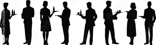 Silhouettes of seven servers holding trays with bottles and glasses, symbolizing hospitality, food service, catering, restaurant staff, teamwork, and event management in artistic design.