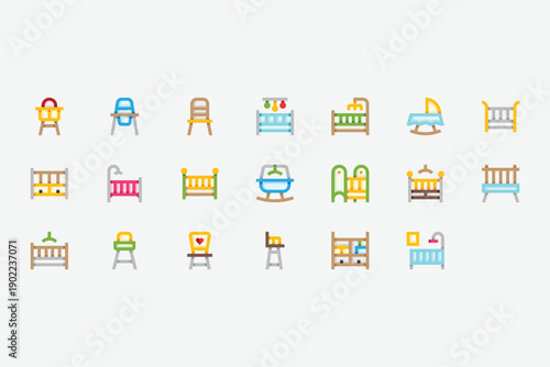 Baby Furniture and Nursery Color Icon Set