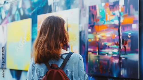 Woman viewing colorful abstract paintings in art gallery
