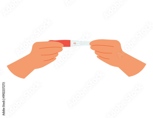  Female hands holding positive pregnancy self-test kit with two stripes isolated on white.