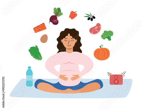 Pregnant woman meditating and practicing yoga for healthy lifestyle