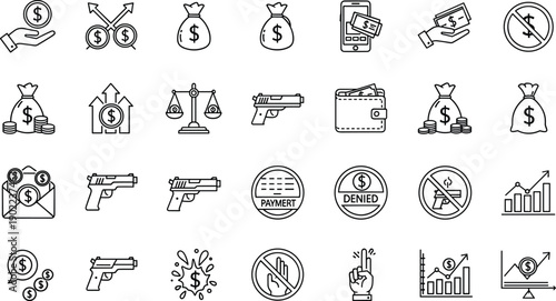 Finance and money line icons collection with payment, banking, investment, security, profit growth, cash flow, risk management, and business warning symbols in modern outline style