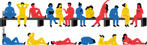 Flat illustration of diverse people sitting and relaxing in various poses, modern colorful characters showing lifestyle activities, social interaction, leisure time, and everyday urban life