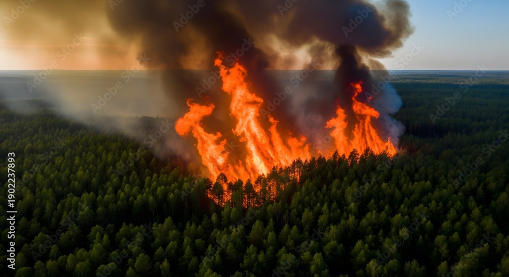 Fototapeta premium Massive Forest Fire Burning Through Woodland, Wildfire Disaster, Climate Change Impact, Environmental Emergency, Aerial Nature Crisis