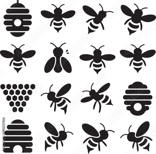 black and white illustration of bees and beehives on white background