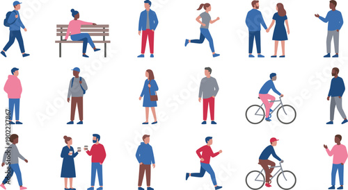 Flat illustration set of diverse people in everyday activities including walking, sitting, running, cycling, and talking, modern lifestyle characters representing urban life and social interaction