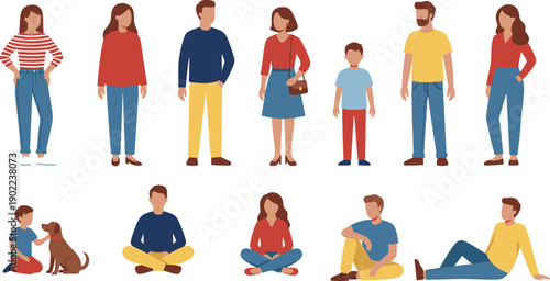 Flat illustration set of diverse people including men, women, and children in standing and sitting poses, modern lifestyle characters representing family, diversity, and everyday casual life