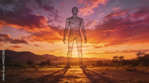 Technological silhouette of a person on a sunny background