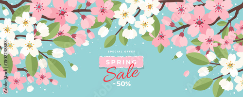 Spring  banner, greeting card, cover, poster with Sakura cherry blossom branches in flat style. Floral art template for sale, Japanese themed, Hanami, Womens Day, Mothers Day, birthday, Easter.