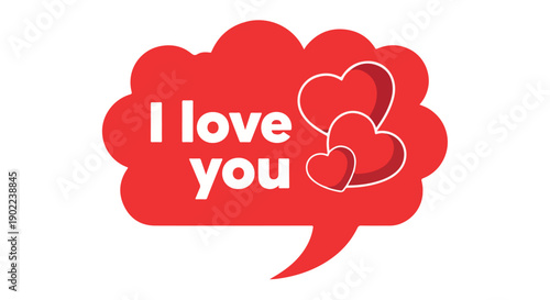 Graphic illustration of a red speech bubble with 'I love you' text and heart outlines on a white background.