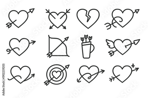 Cupid Arrow Icons. Cupid arrow and heart illustration. Line outline icon set of cupid arrow and heart