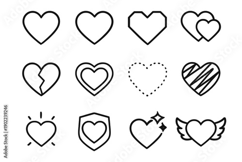 Heart Icon Collection. Heart shapes. Line outline icon set of heart shapes: simple heart, rounded heart,