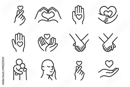 Love Gesture Icons. Love gestures. Line outline icon set of love gestures: finger heart, hand heart, open palm