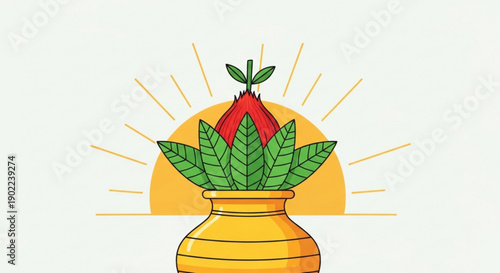 Vibrant illustration of a golden pot with green leaves and red sprout against a sunny background symbolizing growth and prosperity