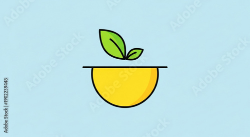 Yellow half circle with green sprouting leaves on light blue background symbolizing growth and nature