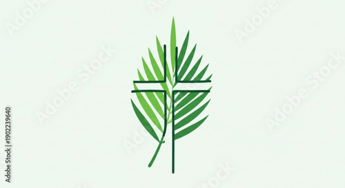 Palm leaf with cross symbol on white background representing faith and spirituality in a simple modern illustration