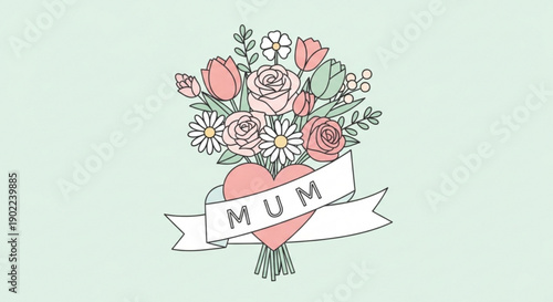 Heartfelt bouquet of pink roses and flowers with 'mum' banner for mother's day gifts and greetings