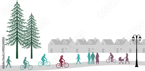 Urban neighborhood illustration with families, cyclists, and pedestrians near residential houses and tall trees, showing community life, outdoor activity, sustainable transport, and everyday modern