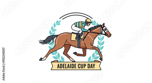 Horse racing event logo with jockey and laurel wreath on white background