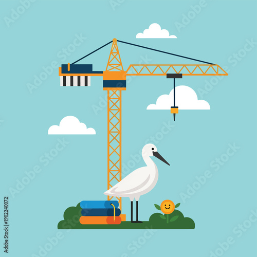 Crane and Stork on Construction Site