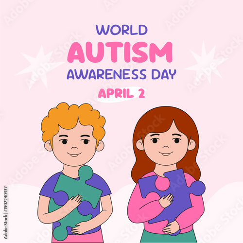 World Autism Awareness Day square banner. Vector illustration of kids holding pieces of puzzle. April 2 celebration card