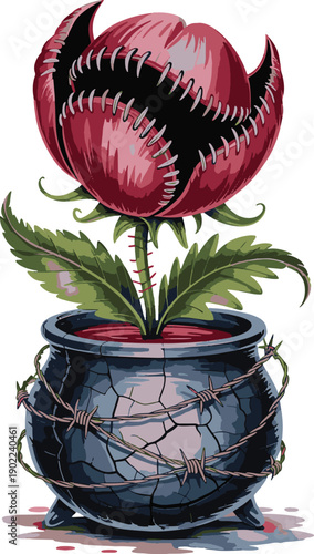 Creepy stitched flower blooms from a barbed wire cauldron