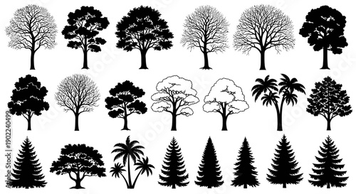 A collection of diverse tree silhouettes, showcasing various species and forms in a graphic illustration.