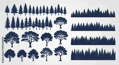 Collection of Silhouetted Trees and Forest Borders for Graphic Design.