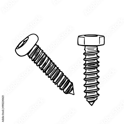 Minimalist black line art illustration of a screw and a bolt pair, perfectly isolated on a white background for industrial and construction design projects.