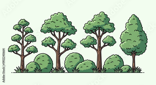A collection of stylized trees and bushes in various shapes and sizes, set against a light green background with a hint of grass at the bottom.