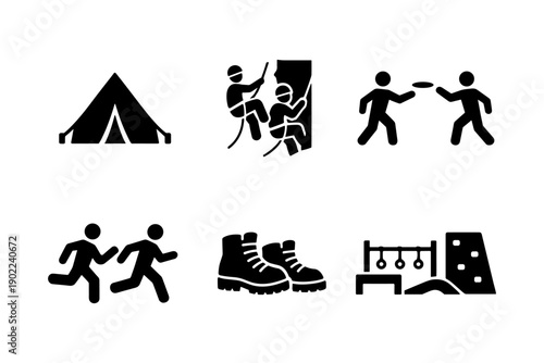 Outdoor adventure and camping activity icons for travel and sports, vector illustration