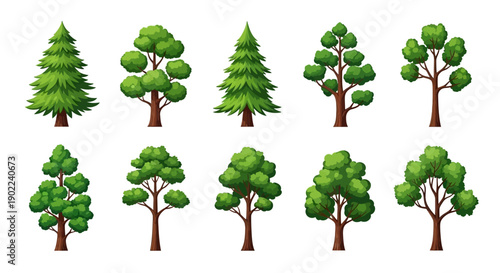 A collection of ten diverse cartoon-style trees, featuring various shapes and sizes, presented against a white background.