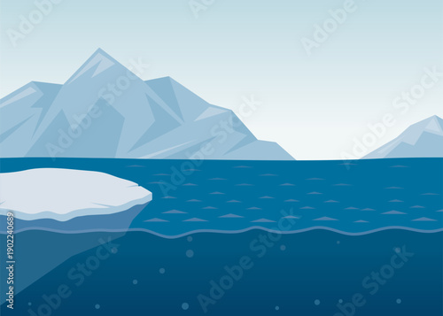 Vector art of a frozen polar landscape featuring snowy mountains and a large iceberg floating in deep blue arctic waters.