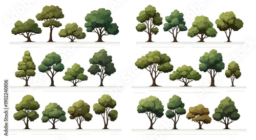 A collection of diverse deciduous trees with lush green foliage, presented in a grid layout for visual reference.