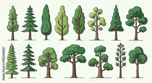 A collection of various stylized trees, showcasing different shapes, sizes, and foliage types, presented in a flat illustration style.