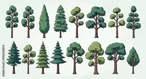 A collection of diverse cartoon-style trees, showcasing various shapes, sizes, and foliage types, presented against a plain background.