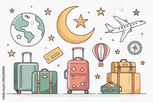 Colorful luggage and transportation icons with moon stars and globe for travel