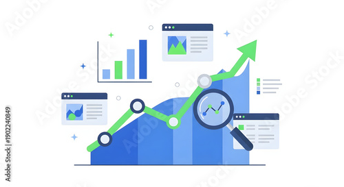 Graph with Green Arrow and Magnifying Glass.