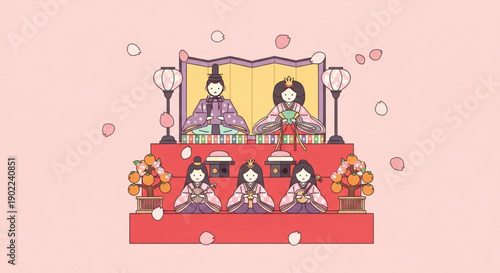 Traditional japanese kimono dolls on a decorative platform with cherry blossoms and lanterns