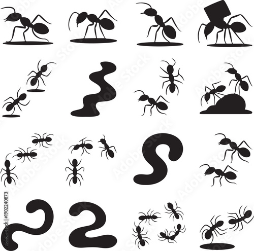 black silhouette ants and worms on white background