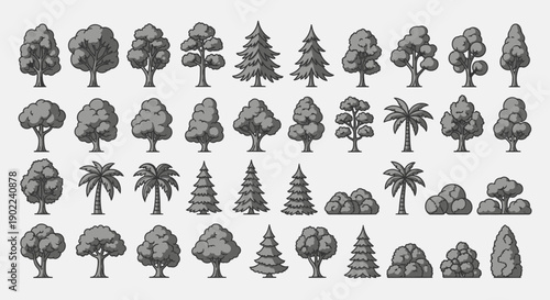 A comprehensive collection of pixel art trees and bushes, showcasing various species and styles for digital design.