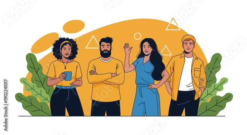 A diverse group of four young adults standing together with a friendly and welcoming atmosphere.