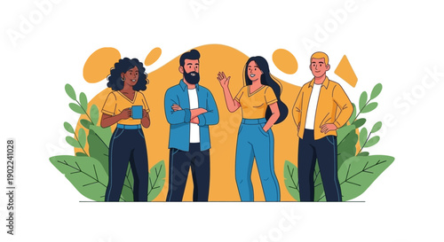 A diverse group of four young adults standing together in a casual outdoor setting with lush green foliage and abstract yellow shapes in the background.