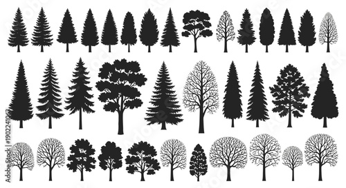 A comprehensive collection of diverse tree silhouettes, showcasing various species and growth stages.