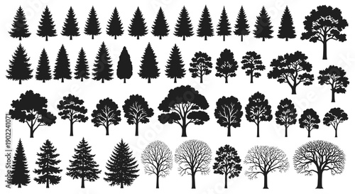 A comprehensive collection of diverse tree silhouettes, showcasing various species and growth stages, ideal for graphic design and illustration purposes.