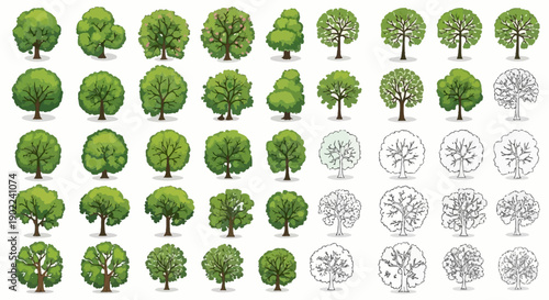 A comprehensive collection of diverse tree illustrations, showcasing various shapes, sizes, and styles, including both detailed renderings and simplified outlines.